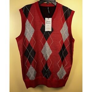 NWT True Rock Sweater Vest Mens M Red Black Gry Argyle V-Neck Casual Golf Career